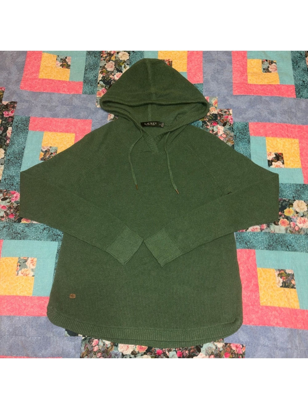 Lauren Ralph Lauren Green Knit Hooded Sweater Woman’s Size Medium Outdoor RL
